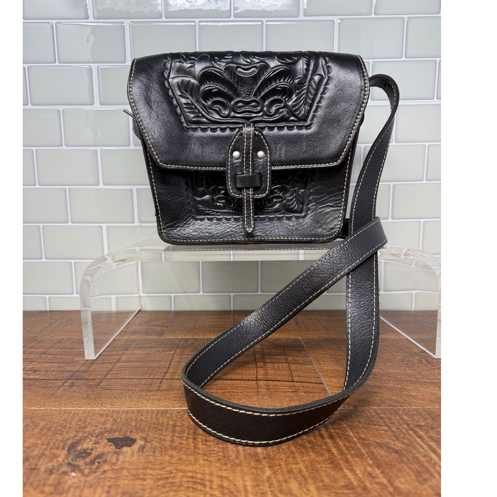 Patricia Nash Marciana Black Tooled Leather Flap Crossbody Bag Purse